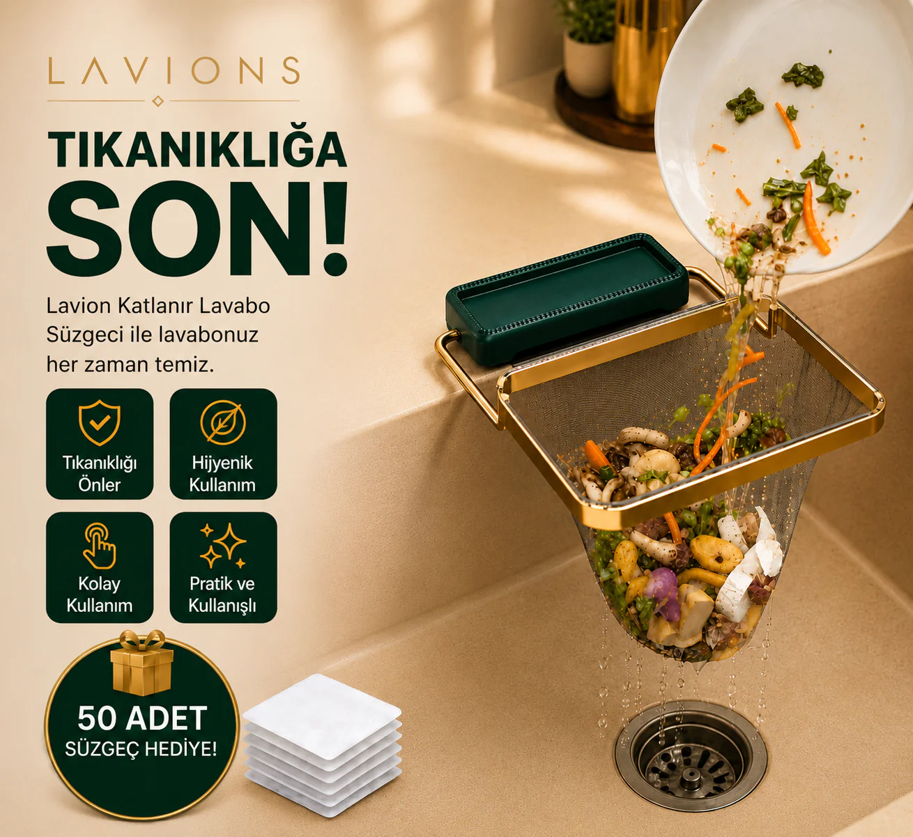 SUZMAX Katlanır Mutfak Lavabo Süzgeci – 50 Filtre Hediye | Tıkanıklık Önleyici